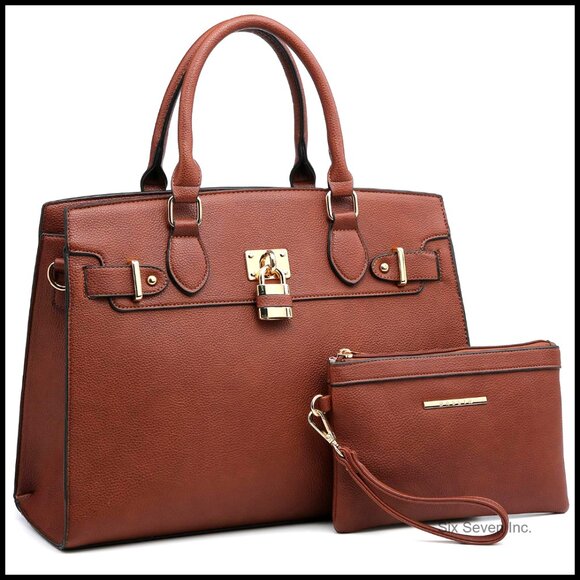 Vegan Leather Tote Satchel Shoulder Bag with Matching Clutch Work Bag Elegant